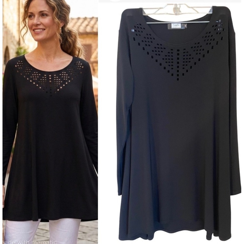 Sympli Black Long Sleeve Mosaic Cut Out Neck A Line Stretchy Tunic Top Size 10